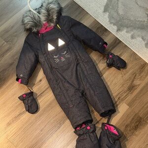Deux par Deux Cat-Themed Snowsuit with Mittens and Booties Gray and Pink
